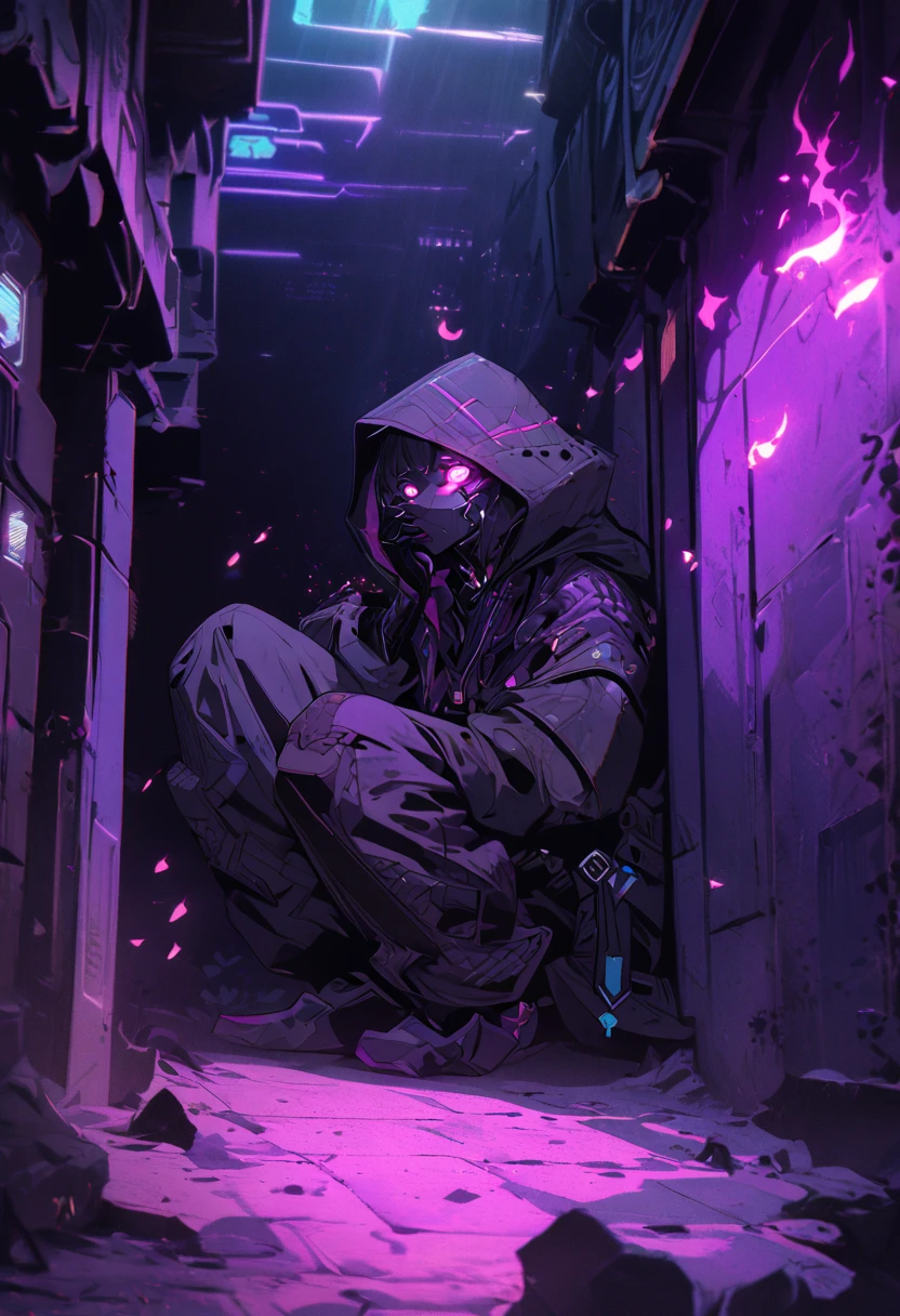 A dark fantasy character with purple flames, hooded and crouching in the shadows of an alleyway, with purple light illuminating his face. He is wearing black with glowing eyes that resemble embers or fireflies. The background features shadowy figures and mysterious elements, creating an atmosphere filled with intrigue and danger. Digital art style in the style of cyberpunk aesthetics.
