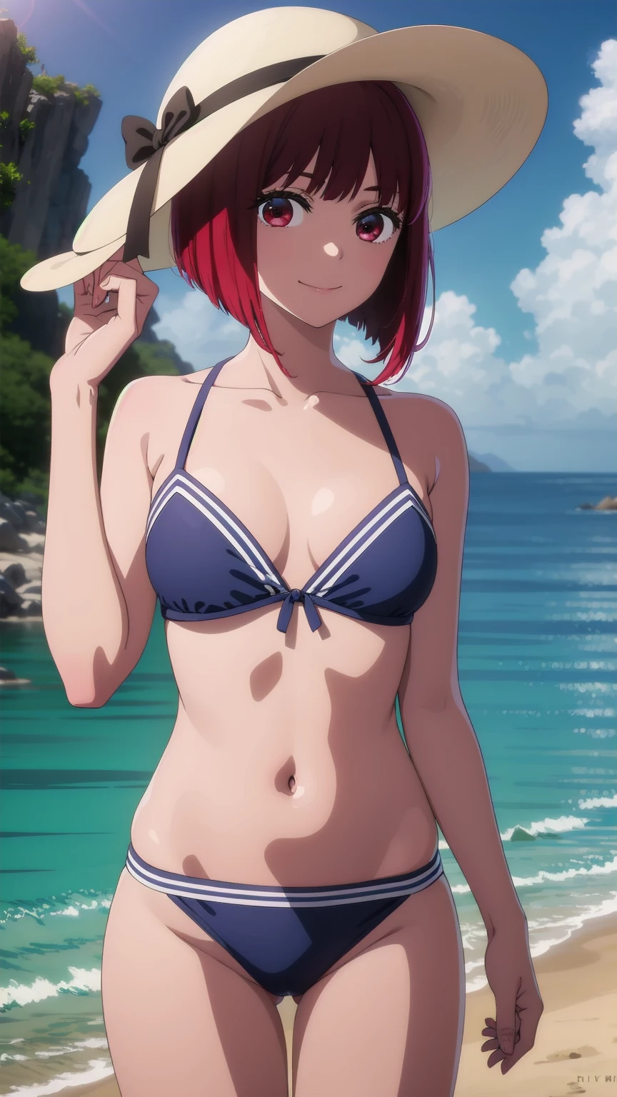 kanaarima, kana arima, short hair, bangs, (red eyes:1.3), red hair, bob cut, smile, BREAK hat,white headwear, sun hat, bikini,navel, BREAK outdoors, ocean, beach, sun, sky, clouds, day, BREAK looking at viewer, (cowboy shot:1.5), BREAK (masterpiece:1.2), best quality, high resolution, unity 8k wallpaper, (illustration:0.8), (beautiful detailed eyes:1.6), extremely detailed face, perfect lighting, extremely detailed CG, (perfect hands, perfect anatomy),