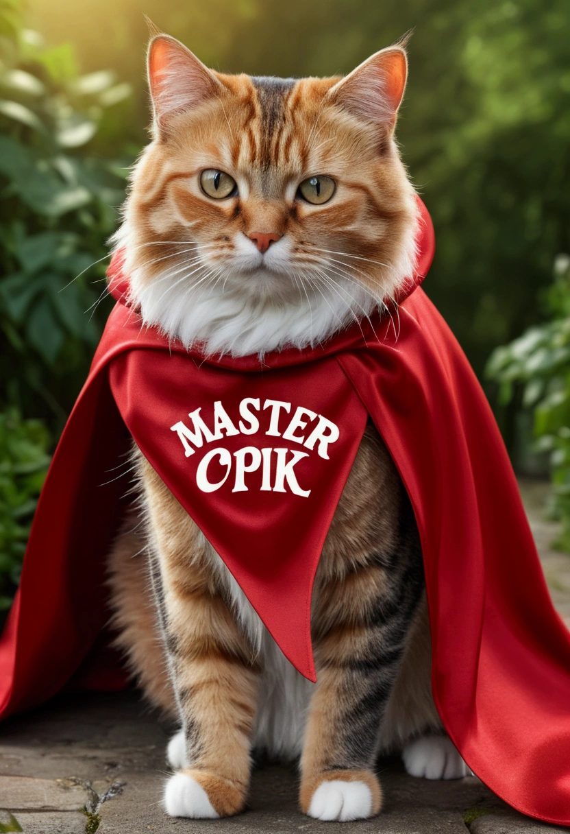 (best quality,4K,8k,A high resolution, master part:1.2),ultra detail, (Realistic,photorrealistic,photo-realistic:1.37), cat, wearing cape, written "OCKSYI" in the cape, (OCKSYI on the cape)