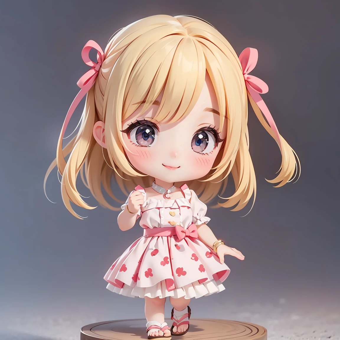Super Chibi Character:1.8、wearing cute sandals、background:Simple all over、Blonde Hair、Cute 7 year old girl、Random cute outfits、Short legs、Sandals with ribbon、Cute pose、Super Happy Smile:1.8