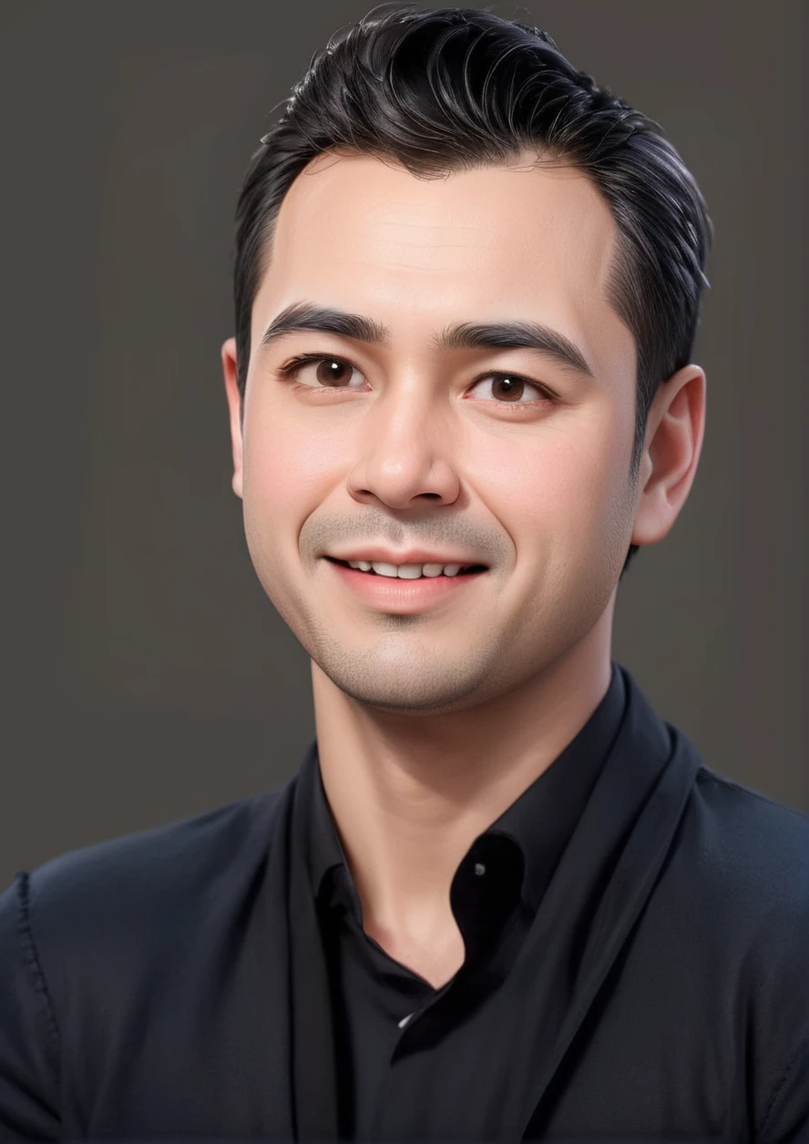 Create a 3D animation of a big-headed cartoon caricature. a 30 year old Indonesian man with short, slightly wavy black hair brushed back, round head facing forward, oval face with a strong jawline, thick straight eyebrows, almond-shaped brown eyes, a straight nose with a slightly rounded tip, symmetrical lips, and a slight friendly smile, wearing a black shirt. Gradient blue background with professional lighting. masterpiece, top quality, highly detailed skin and face, ultra-realistic, high definition, studio lighting, sharp focus, full body view, Concept Art, 3D rendering.