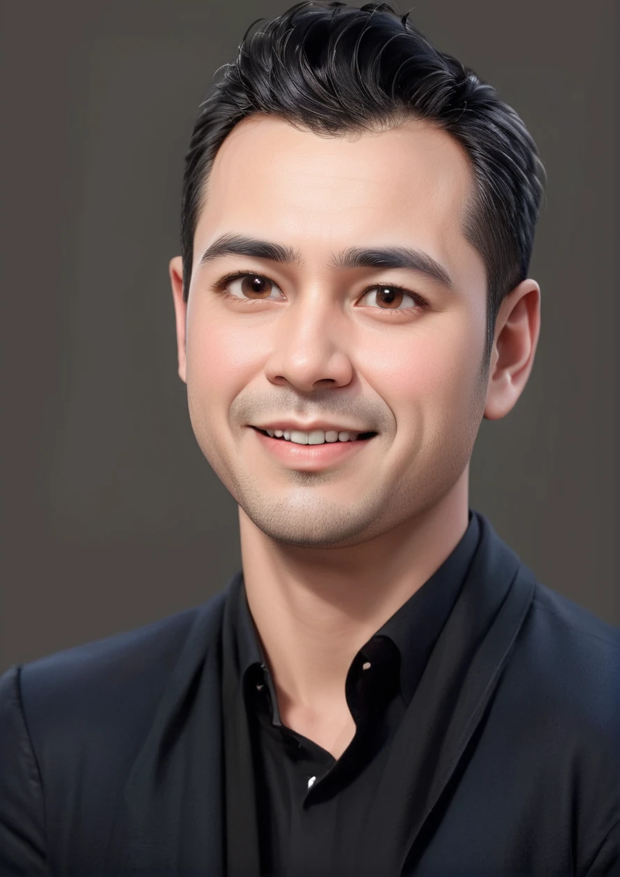 Create a 3D animation of a big-headed cartoon caricature. a 30 year old Indonesian man with short, slightly wavy black hair brushed back, round head facing forward, oval face with a strong jawline, thick straight eyebrows, almond-shaped brown eyes, a straight nose with a slightly rounded tip, symmetrical lips, and a slight friendly smile, wearing a black shirt. Gradient blue background with professional lighting. masterpiece, top quality, highly detailed skin and face, ultra-realistic, high definition, studio lighting, sharp focus, full body view, Concept Art, 3D rendering.