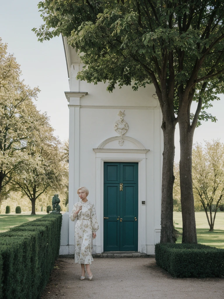 her name is Amelie, high quality, 1girl, ((25-year-old fit Caucasian woman)), ((25 years old)), ((SLIM)), ((short blonde hair)), pose: standing, wearing fashionable Generation-Z modern wear different colored, BACKGROUND:  "In the fairy-tale-like gardens of the Wallenstein Palace, with its beautiful baroque architecture and peacocks roaming the grounds."