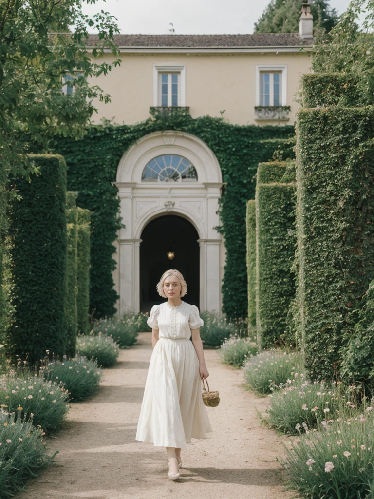 her name is Amelie, high quality, 1girl, ((25-year-old fit Caucasian woman)), ((25 years old)), ((SLIM)), ((short blonde hair)), pose: standing, wearing fashionable Generation-Z modern wear different colored, BACKGROUND: "In the fairy-tale-like gardens of the Wallenstein Palace, with its beautiful baroque architecture and peacocks roaming the grounds."