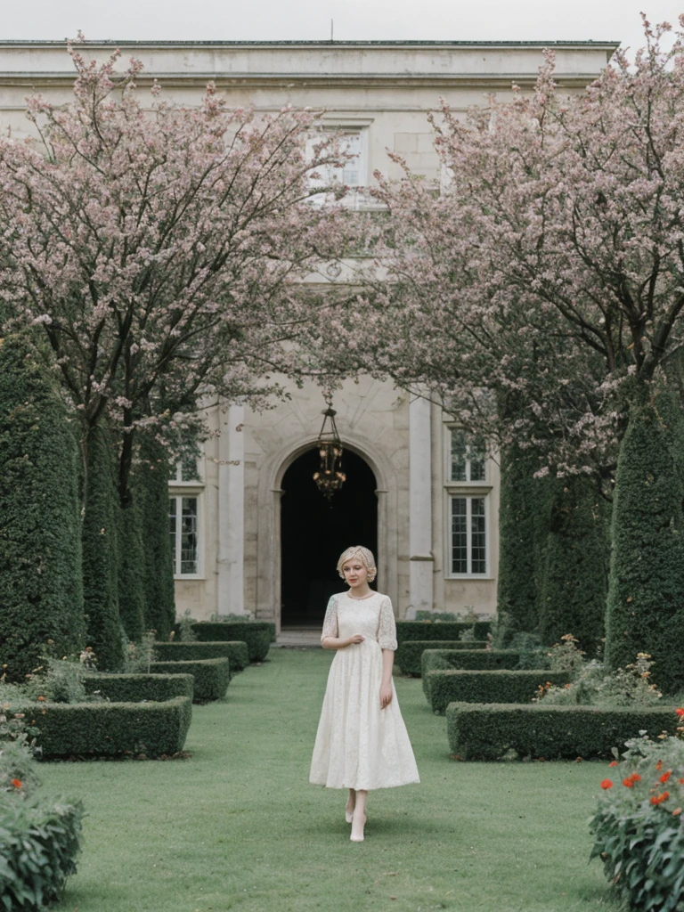 her name is Amelie, high quality, 1girl, ((25-year-old fit Caucasian woman)), ((25 years old)), ((SLIM)), ((short blonde hair)), pose: standing, wearing fashionable Generation-Z modern wear different colored, BACKGROUND:  "In the fairy-tale-like gardens of the Wallenstein Palace, with its beautiful baroque architecture and peacocks roaming the grounds."
