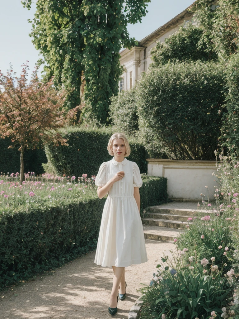 her name is Amelie, high quality, 1girl, ((25-year-old fit Caucasian woman)), ((25 years old)), ((SLIM)), ((short blonde hair)), pose: standing, wearing fashionable Generation-Z modern wear different colored, BACKGROUND: "In the fairy-tale-like gardens of the Wallenstein Palace, with its beautiful baroque architecture and peacocks roaming the grounds."