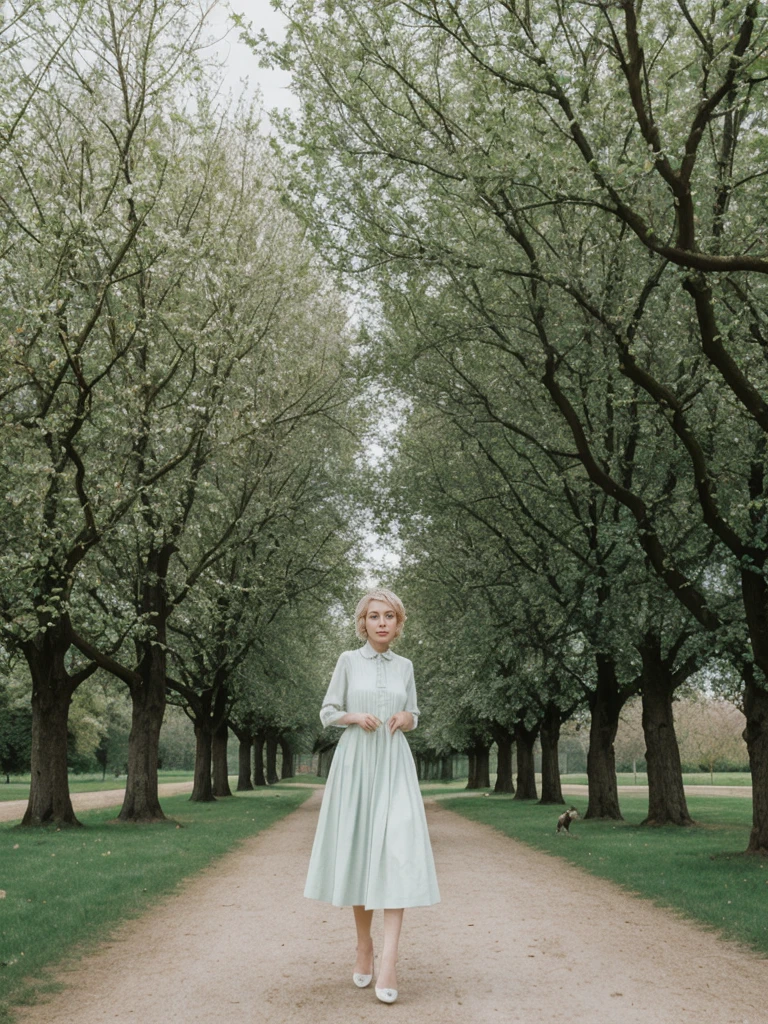 her name is Amelie, high quality, 1girl, ((25-year-old fit Caucasian woman)), ((25 years old)), ((SLIM)), ((short blonde hair)), pose: standing, wearing fashionable Generation-Z modern wear different colored, BACKGROUND:  "In the fairy-tale-like gardens of the Wallenstein Palace, with its beautiful baroque architecture and peacocks roaming the grounds."