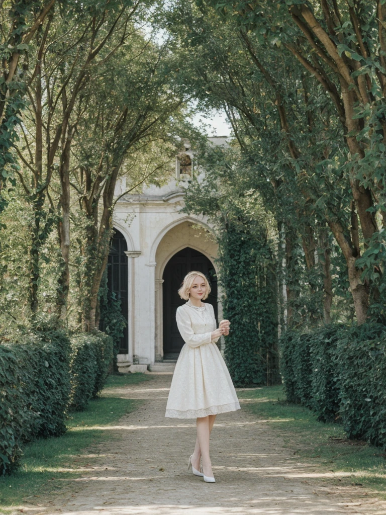 her name is Amelie, high quality, 1girl, ((25-year-old fit Caucasian woman)), ((25 years old)), ((SLIM)), ((short blonde hair)), pose: standing, wearing fashionable Generation-Z modern wear different colored, BACKGROUND: "In the fairy-tale-like gardens of the Wallenstein Palace, with its beautiful baroque architecture and peacocks roaming the grounds."