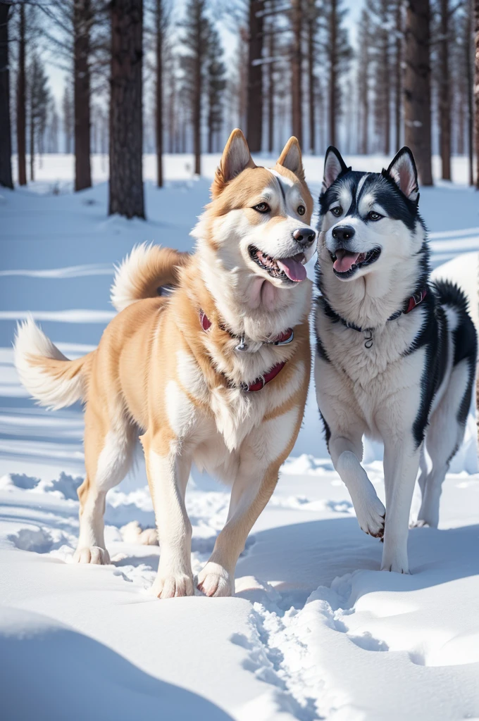 Two dogs, a golden retriever and siberian husky, playing in the snow