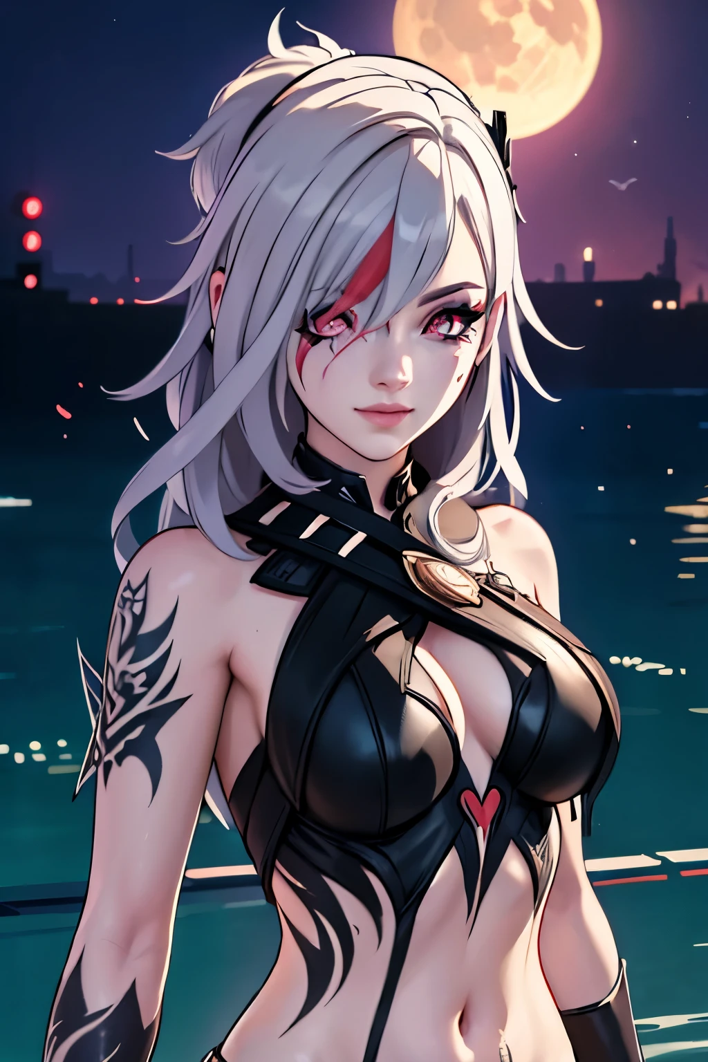 tattoo girl, very beautiful, murderous, Harley Quinn, crazed look, dark background, 8K, dynamic wallpaper, very delicate, very dense, creepy smile, close up to camera, dripping red one piece swimsuit, red sky beach background, back turned