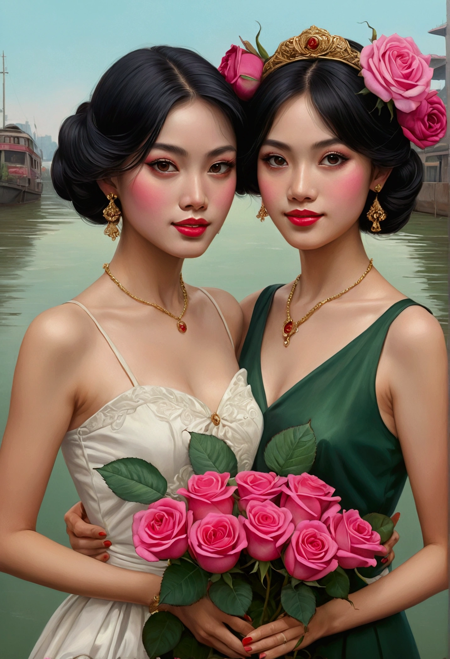 masterpiece, hyperdetailed face, realistic teeth and superdetailed big eyes, two woman holding a rose in her hand standing ferry in Saigon river background with clean air and pure river water see bottom, gorgeous two beauty woman smile actractive and pink mini rose in hair, beautiful retro art, holding red and green roses, vintage noir, artstyle tom bagshaw, gorgeous art, by Mark Brooks, red and golden and magenta roses, beautiful artwork, by Glen Angus, UHD, 48K