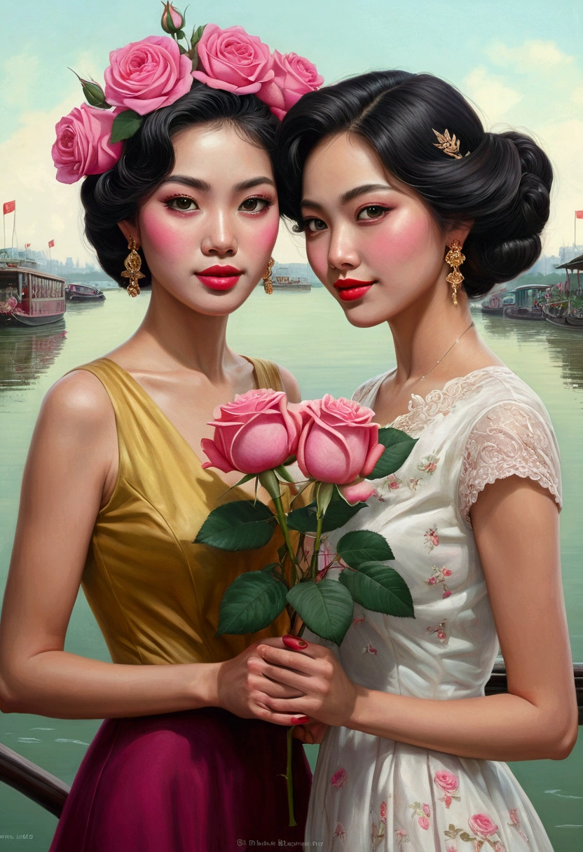 masterpiece, hyperdetailed face, realistic teeth and superdetailed big eyes, two woman holding a rose in her hand standing ferry in Saigon river background with clean air and pure river water see bottom, gorgeous two beauty woman smile actractive and pink mini rose in hair, beautiful retro art, holding red and green roses, vintage noir, artstyle tom bagshaw, gorgeous art, by Mark Brooks, red and golden and magenta roses, beautiful artwork, by Glen Angus, UHD, 48K
