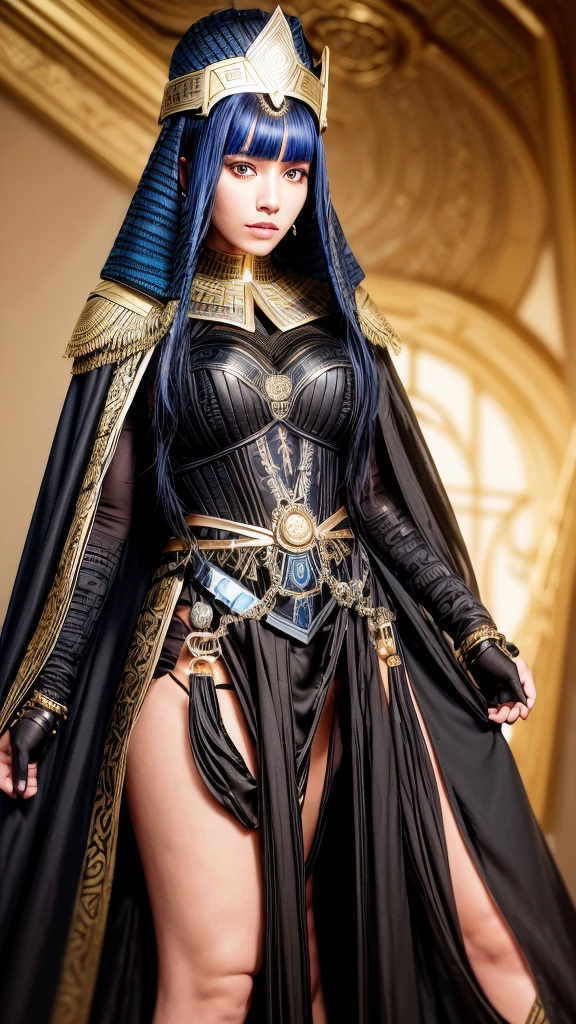 intricate detailed portrait of an egyptian female warrior, black armored suit with golden accents, blue cape, black headdress with blue gemstones, short black hair with blue highlights, softly lined eyes and light red lips, full body shot, high leg slit dress
