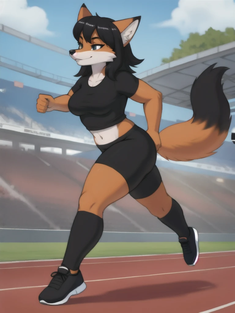 Furry, fox, female, black shirt, black leggings, shoes, running track, solo, full body