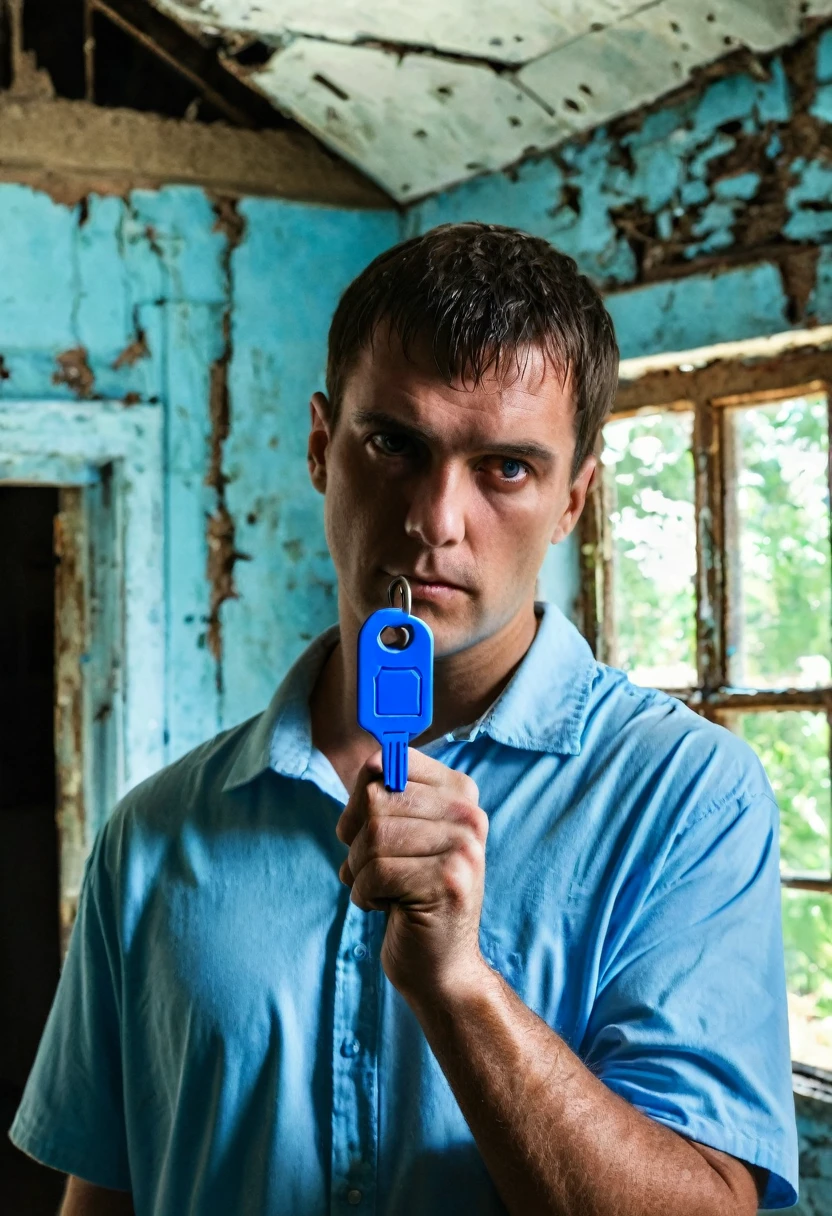 White man holding a small blue key, the man is half sideways, in an abandoned house, ominous background.