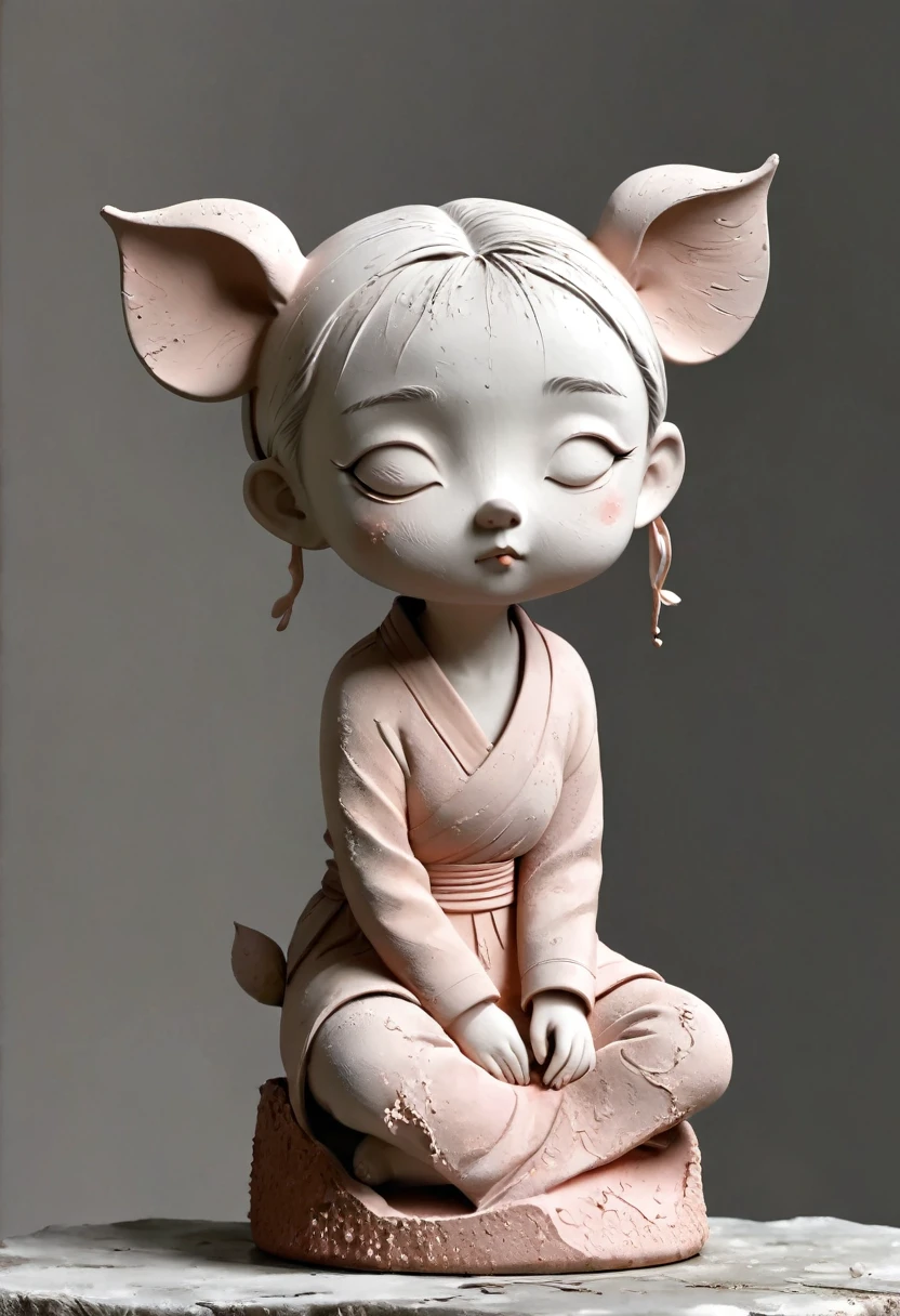 (Best quality：1.2），clay，Pottery，rough，Mineral pigments，3d，clay雕塑艺术，rough表面，（work，Abandoned Sculpture，Minimalist Sculpture，1 girl，Art Blush，cute，rough表面，Surface patterns and textures，Surface scratches，Granular，Old，Damaged，moss，rain，A small white flower，one，Concept Art，）。