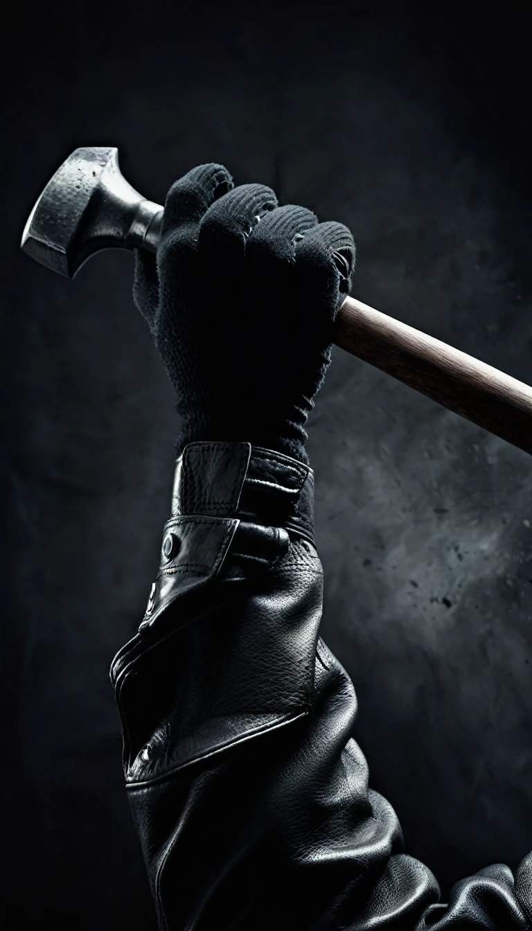 Create a thriller-style image featuring a black gloved hand holding a hammer. Ensure the hand and hammer are prominently displayed, conveying a sense of danger and suspense. Use a dark, eerie background with shadows to enhance the thriller theme