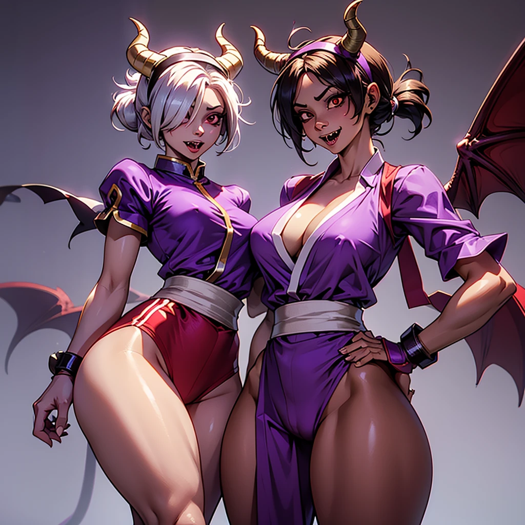 colettetrixie, red skin, sharp teeth, hair over one eye, hairband, demon horns, colored sclera, purple shirt, purple shorts, demon wings, shiranui mai