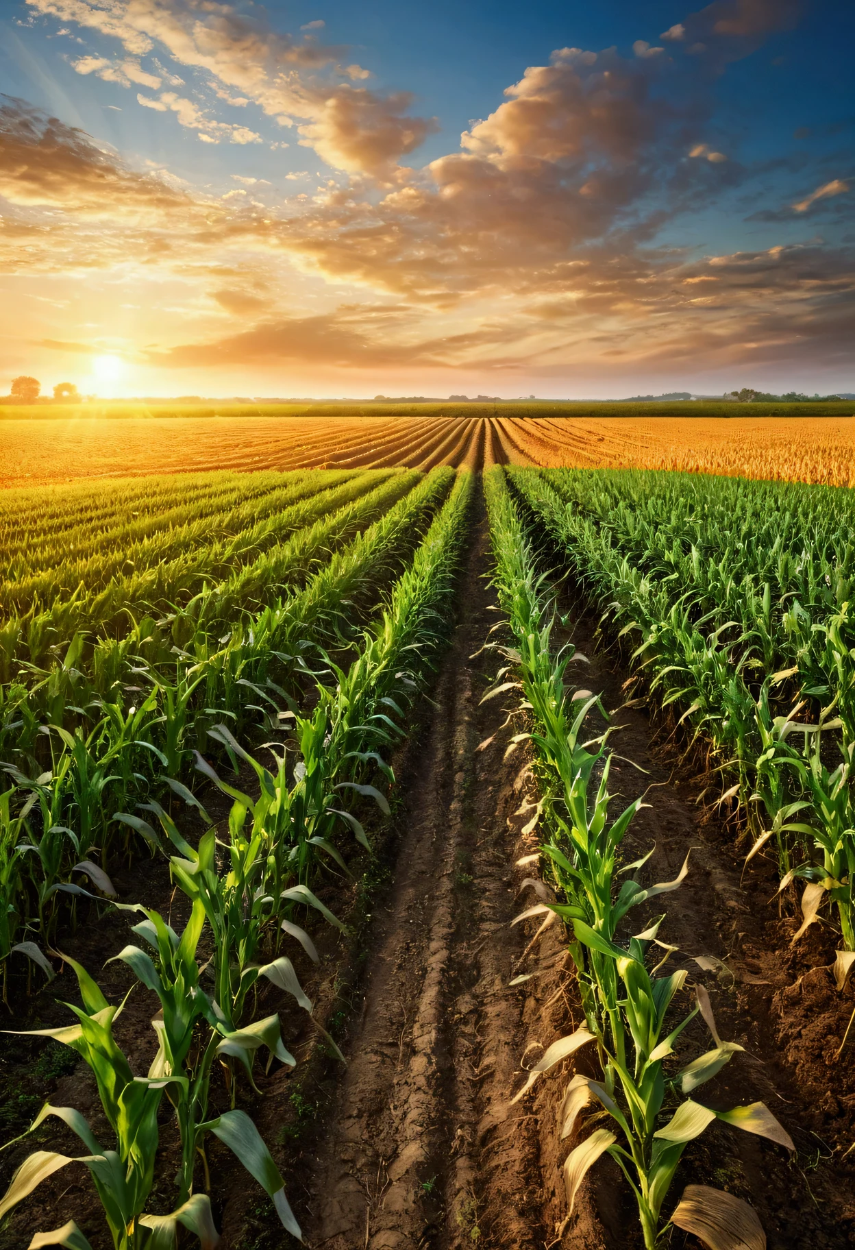 high quality,high resolution,Extremely detailed,realistic cornfield, Vibrant colors, Natural Lighting, Peaceful atmosphere, Rustling Leaves, Golden sunset, Vast landscape, summer harvest, Harvest, peaceful, natural beauty, Rural scenery, Agricultural background, Fertile soil, Endless cornfields, Tall stems, Swaying in the breeze, Birds chirp, Farmhouse in the distance, Simple, peaceful, peaceful environment, Vast field, Clear blue sky, The wind whispered, peaceful countryside, Idyllic setting,Real picture,There is a road in the middle