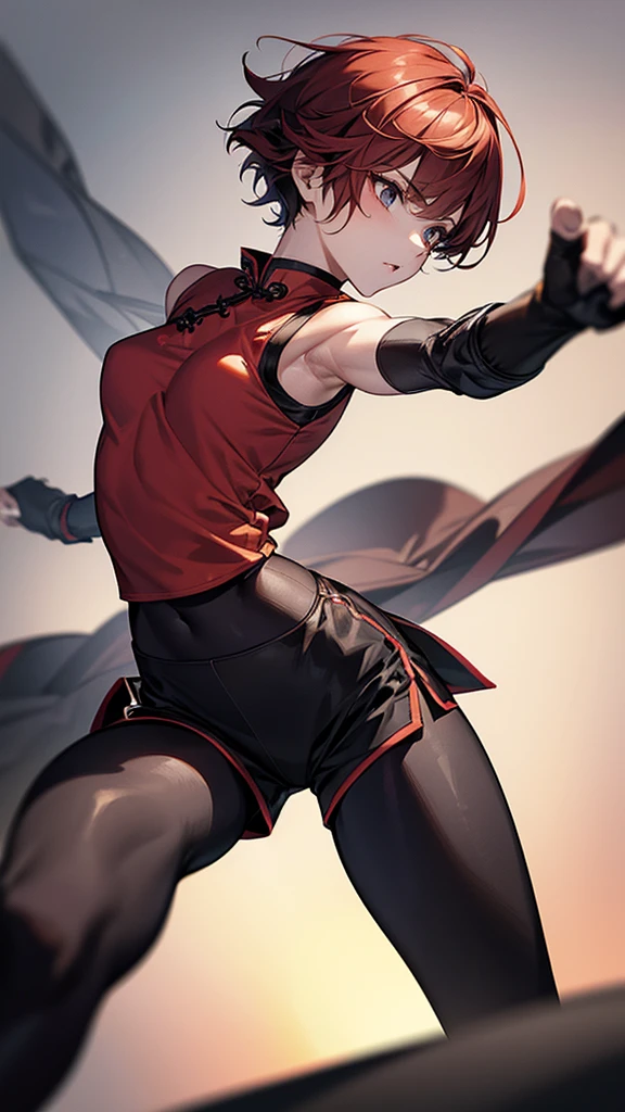 mixed_artstyle, 1 girl, Alone, hands, Asian, short black hair with red highlights, red eyes, High quality images, curves visible, cinematic, wallpaper style, view from below, Ninja outfit, Oni mask, black colors with red details, red sword, jumping pose, effects,