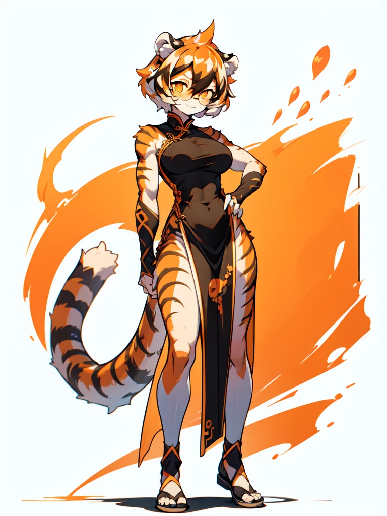 white background, full body,1girl，solo, Standing, animal ears, white hair, black hair, short hair, large breasts, Abdominal muscles,, tail, orange eyes, orange hair, multicolored hair, tiger girl, hair between eyes, tiger_ears, tiger_tail, orange-tinted_eyewear, tinted_eyewear, big breasts, evil smile, Shadows under feet,  (((chinese dress outfit:1.2))),