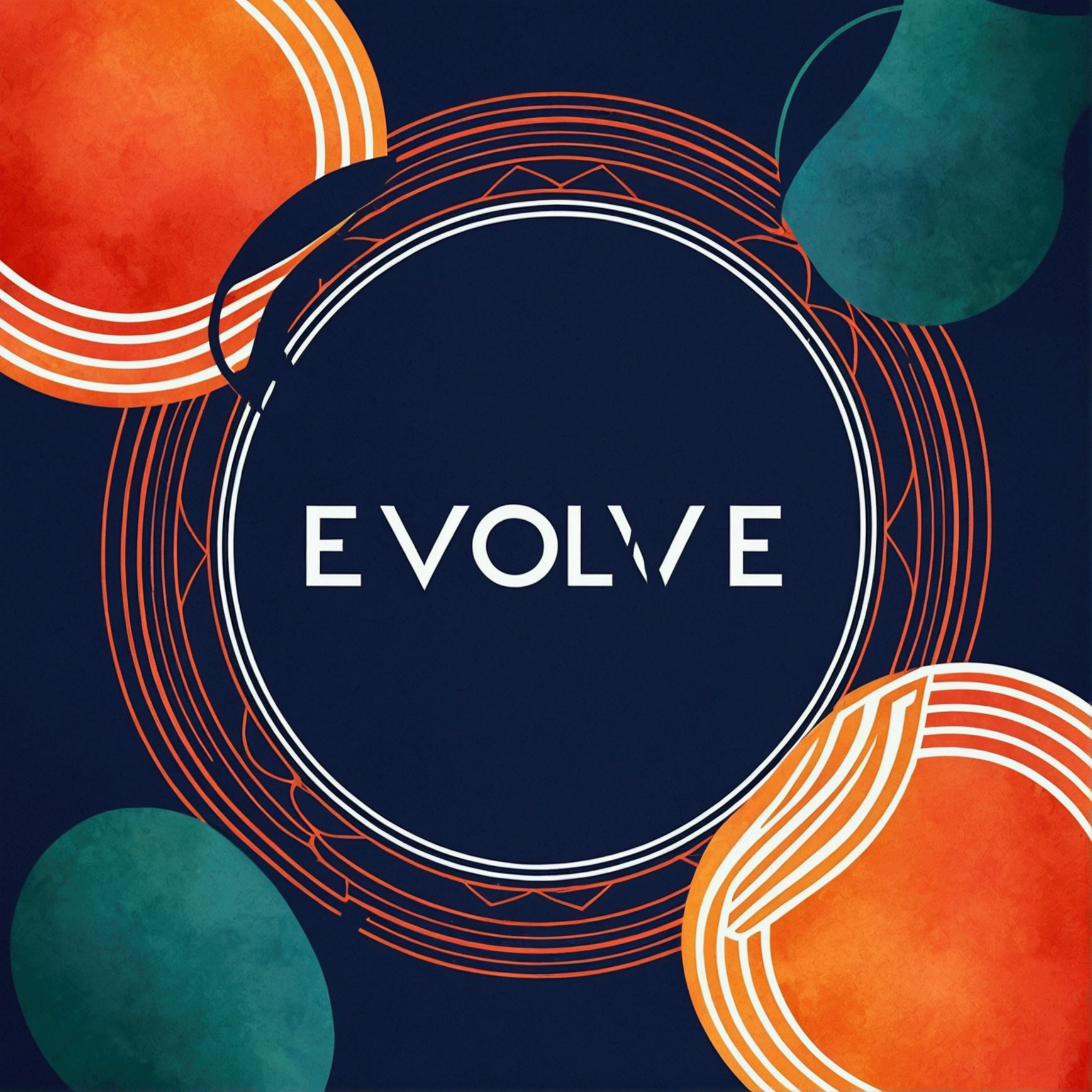 "Modern, geometric design with the word 'Evolve' using geometric typography and bold colors. Add simple geometric shapes around the word."2D, vector art; shading and gradients, Art Nouveau, vibrant colors and synthwave. Vector design, thin lines, central composition, soft background, palette (dark blue, orange, red, olive green), watercolor logo style with patterned effect, pattern. Blow. Monochrome background, from yukisakura, with original and incredible colors.