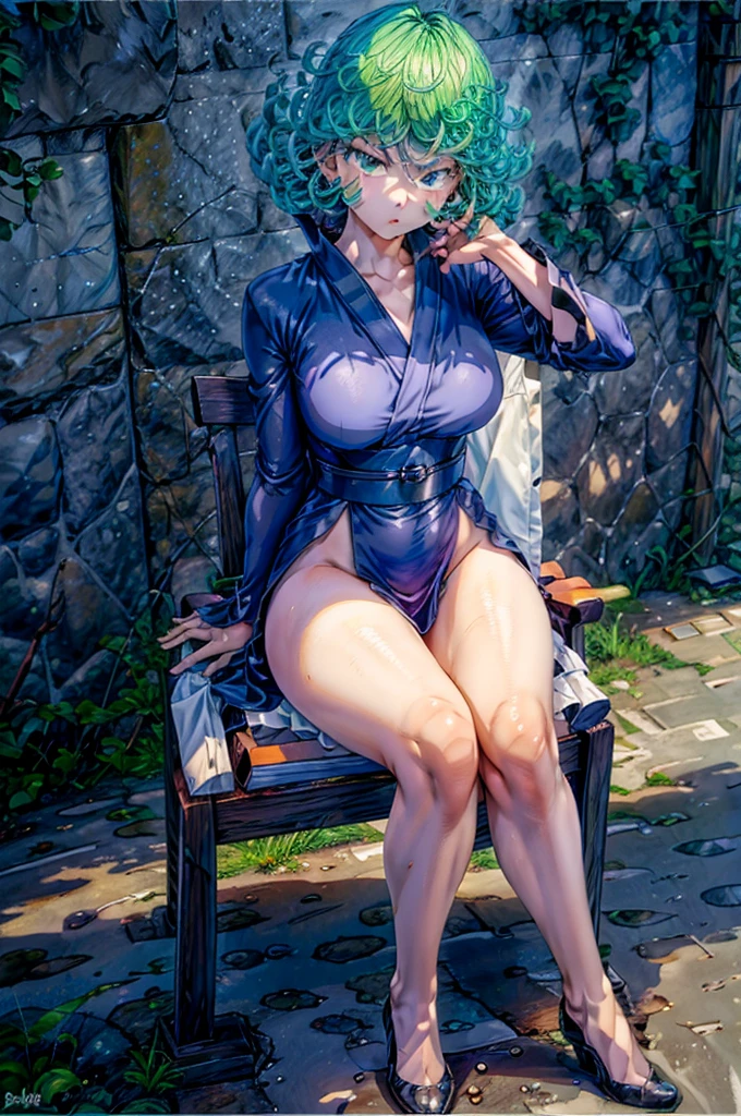 (Masterpiece, Best Quality:1.2), solo, 1girl, tatsumaki, unamused, closed mouth, looking a viewer, hand on our face, sitting, Short black kimono ,big thighs,crossing leg