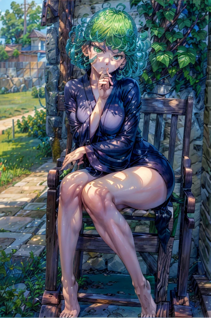 (Masterpiece, Best Quality:1.2), solo, 1girl, tatsumaki, unamused, closed mouth, looking a viewer, hand on our face, sitting, Short black kimono ,big thighs,crossing leg