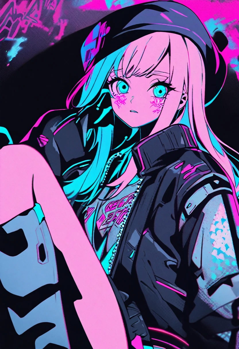 Anime girl with long white hair, wearing black hat and silver jewelry, sitting on the ground in dark streetwear jacket, neon pink graffiti background, holding hand near face, anime style, cyberpunk aesthetic, dark purple and light blue color palette, high contrast, expressive facial features, digital art, detailed design