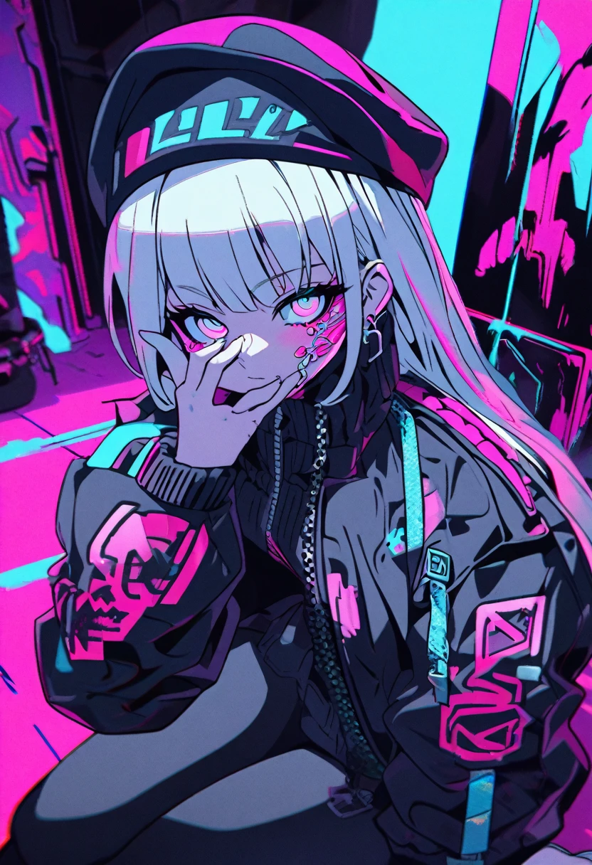 Anime girl with long white hair, wearing black hat and silver jewelry, sitting on the ground in dark streetwear jacket, neon pink graffiti background, holding hand near face, anime style, cyberpunk aesthetic, dark purple and light blue color palette, high contrast, expressive facial features, digital art, detailed design