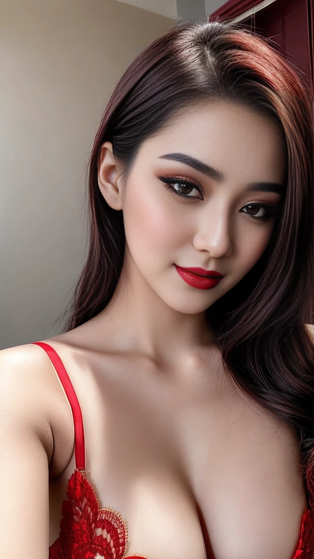 instagram photo, closeup face photo of 20 y.o Chloe in kebaya, Red Lipstick, sensual Lipstick, Sensational Make Up, cleavage, pale skin, (smile:0.4), hard shadows, Red G-STRING, bright lighting