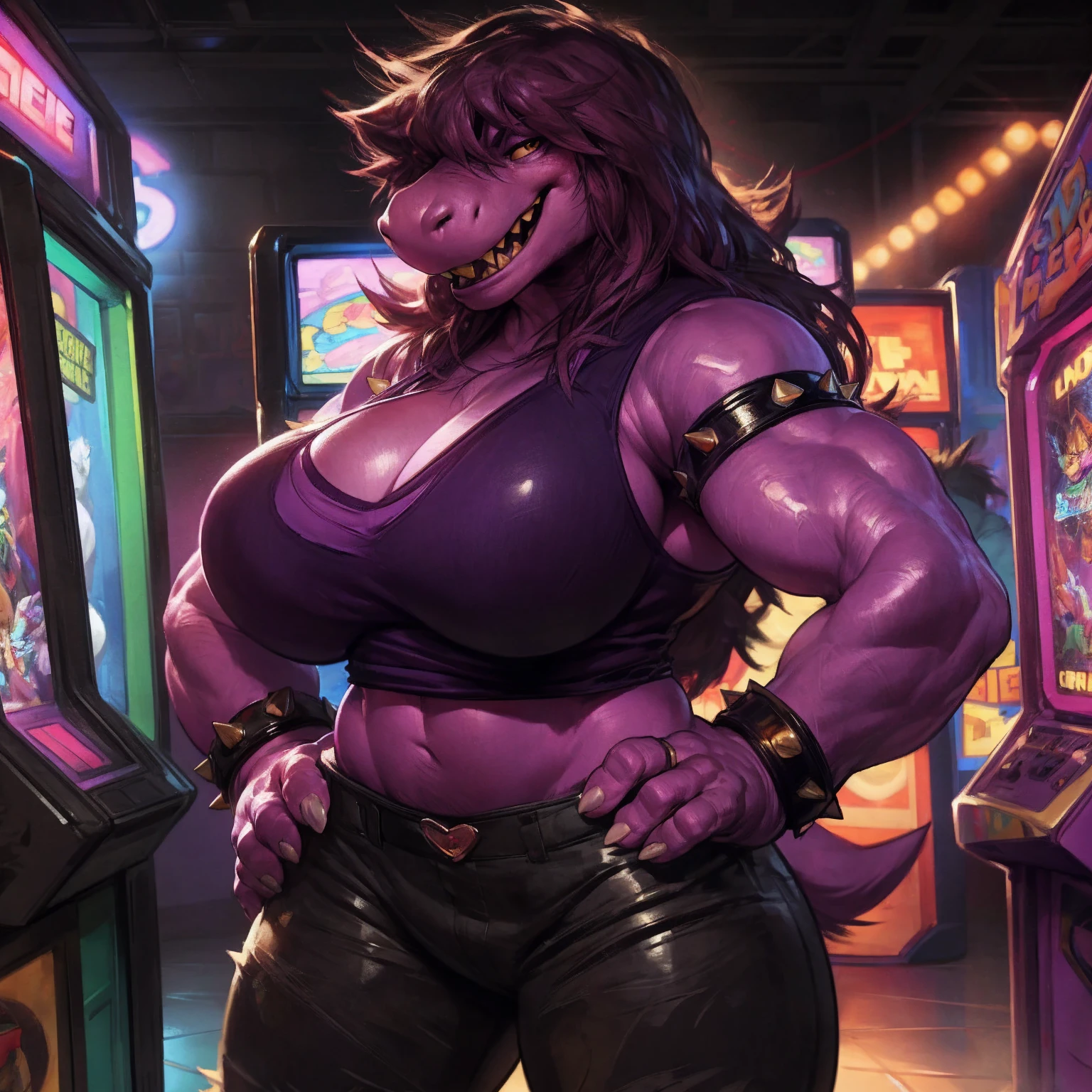 solo, 1girl, susie, susie deltarune, hands on hips, huge breasts, cleavage, bare midriff, standing upright, laughing, looking at viewer, arcade, game machines, full body, by darkgem, 