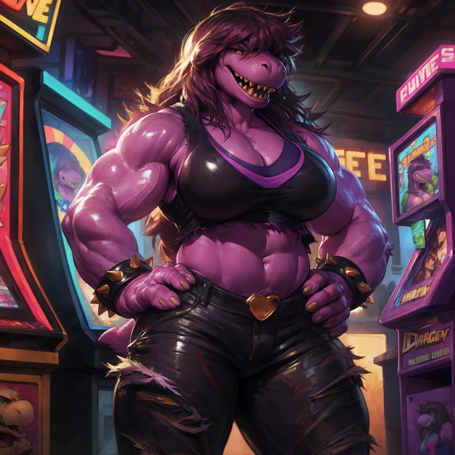 solo, 1girl, susie, susie deltarune, hands on hips, huge breasts, cleavage, bare midriff, standing upright, laughing, looking at viewer, arcade, game machines, full body, by darkgem, 