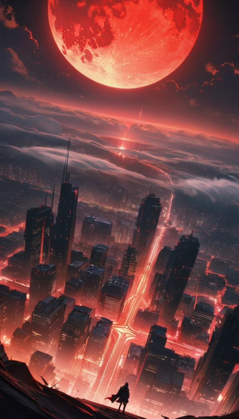 (Perfect Quality), (Red & White), In a flat landscape, (1 moon), (Giant Night Metropolis), (Huge red moon), mist, wide shot, atmospheric perspective, perspective, Masterpiece, highres, HD, 4K, best quality, award winning, high quality, super detail, accurate, masterpiece, UHD