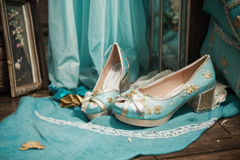 Cinderella in tattered clothes puts on her glass slipper
