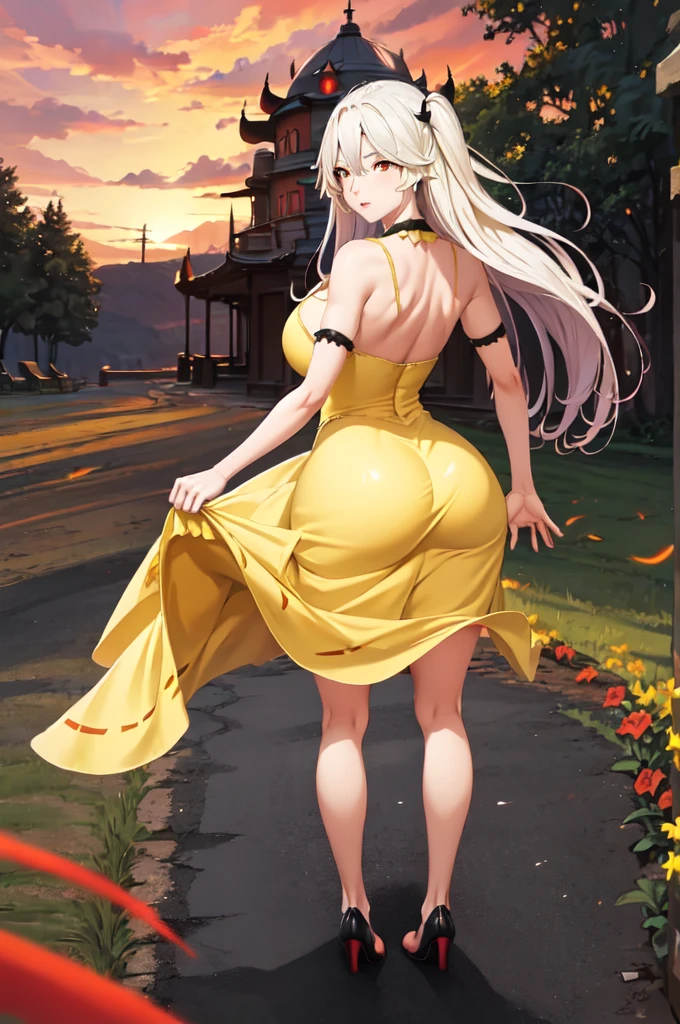 masterpiece, best quality,   sdslillia, red eyes, hair over eyes, huge breasts, from behind, (yellow sundress:1.4), garden, red sky, ass