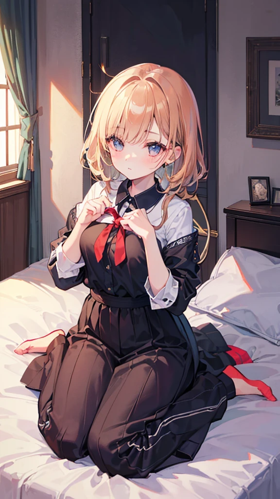 (masterpiece, best quality:1.3), 1 girl, 独奏, teenager,(top quality eyes:1.3),18 year old girl、Cute outfit、bed、My Room、Normal size breasts、wariza