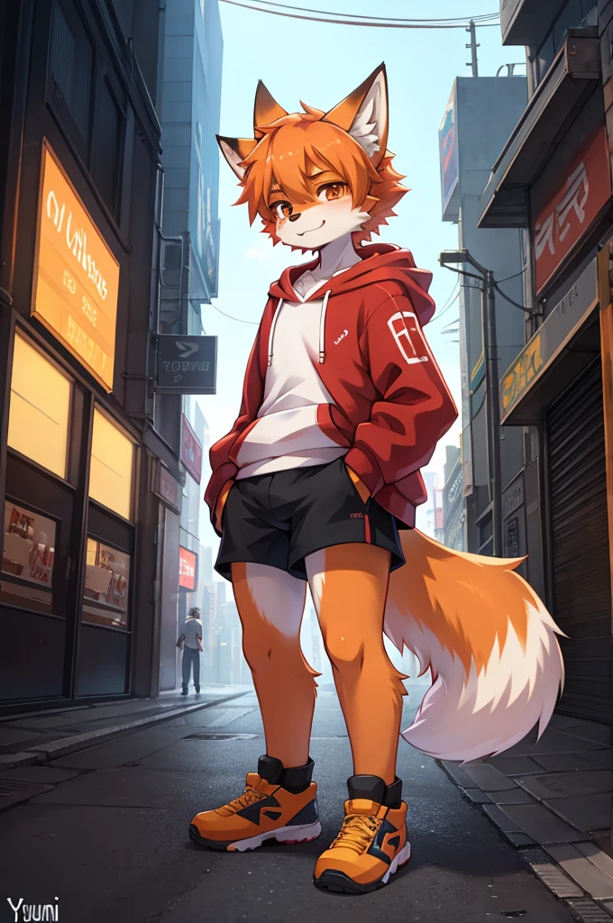 Anime-style image of a boy standing in the street wearing a hoodie and shorts, Fox Man, Colorful Fox City, Anime Style 4k, Anime boy with orange hair, Fashionably dressed fursona, Anthropomorphic Cyberpunk Fox, artstation pixivでトレンド, On the city streets, Digital anime illustration, In anime style, by Yuumei