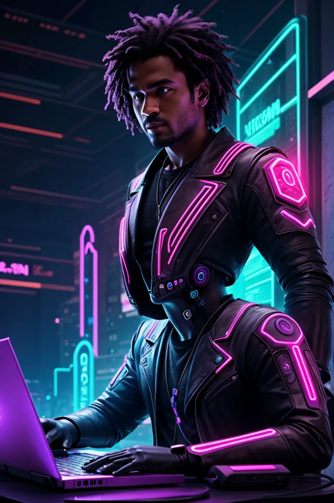Abstract Moses working on laptop, History of Cyberpunk technology,cinematographic,Generative AI Illustration, Epics, purple neon lights, ultra realistic image, detailed art,