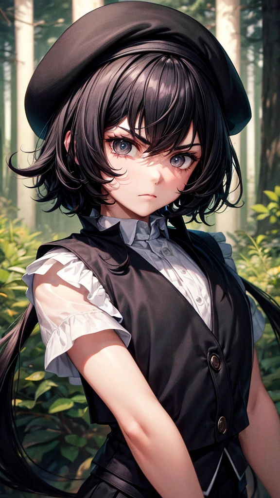 *Black shaggy-haired boy, Beret and black eyes, white skinned and a little angry, a pretty and tender face, black vest, with forest landscape at night*