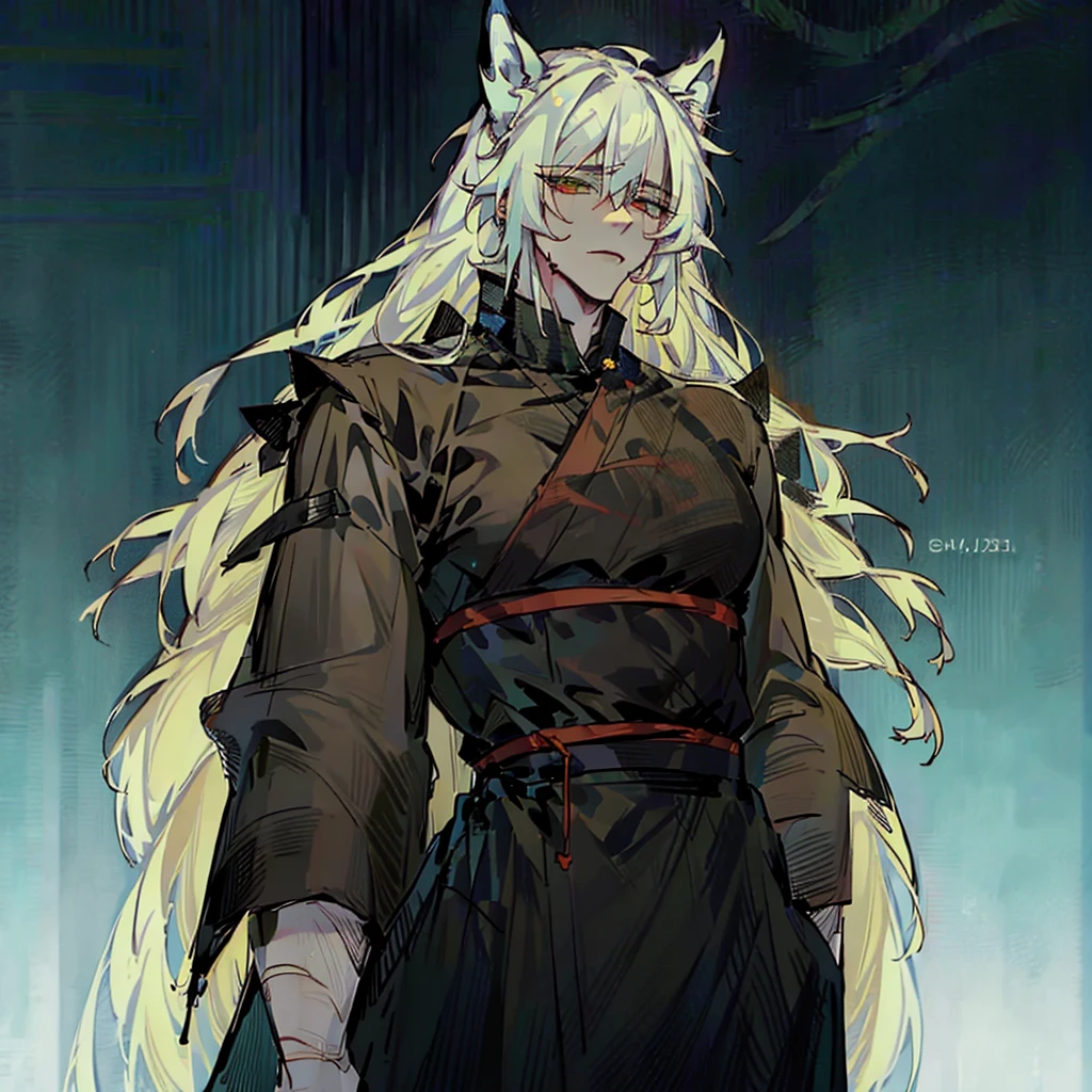 ((1Boy)) (Dogboy)) ((Jujustu Kaisen style))

Inu has long white hair that goes to his ankles, he has a scar across his left eye, his eyes are green, he has wolf ears, and a wolf tail, he dresses in a gothic victorian style, while still having the energy of a golden retriever, he is 6’9, , yet muscular, jujutsu kaisen style. 