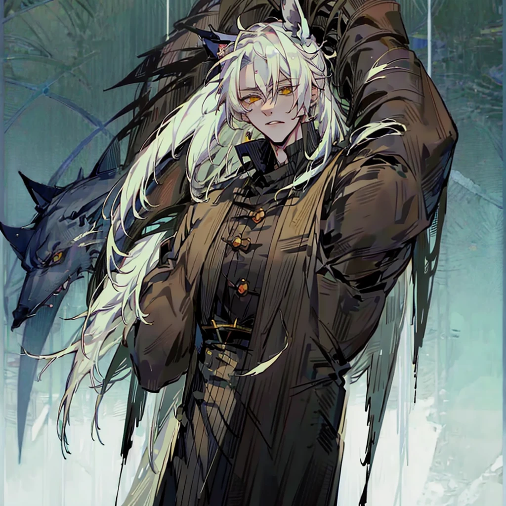 ((1Boy)) (Dogboy)) ((Jujustu Kaisen style))

Inu has long white hair that goes to his ankles, he has a scar across his left eye, his eyes are green, he has wolf ears, and a wolf tail, he dresses in a gothic victorian style, while still having the energy of a golden retriever, he is 6’9, , yet muscular, jujutsu kaisen style. 