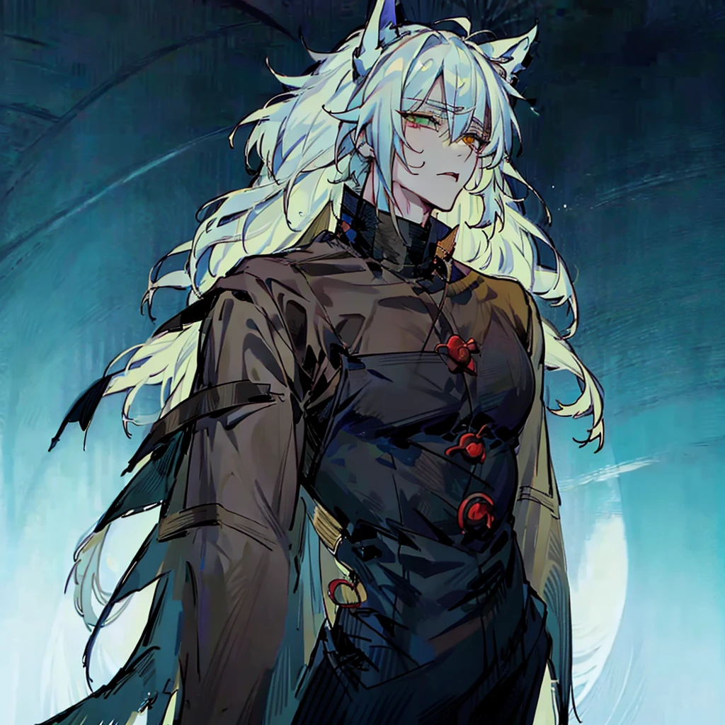 ((1Boy)) (Dogboy)) ((Jujustu Kaisen style))

Inu has long white hair that goes to his ankles, he has a scar across his left eye, his eyes are green, he has wolf ears, and a wolf tail, he dresses in a gothic victorian style, while still having the energy of a golden retriever, he is 6’9, , yet muscular, jujutsu kaisen style. 