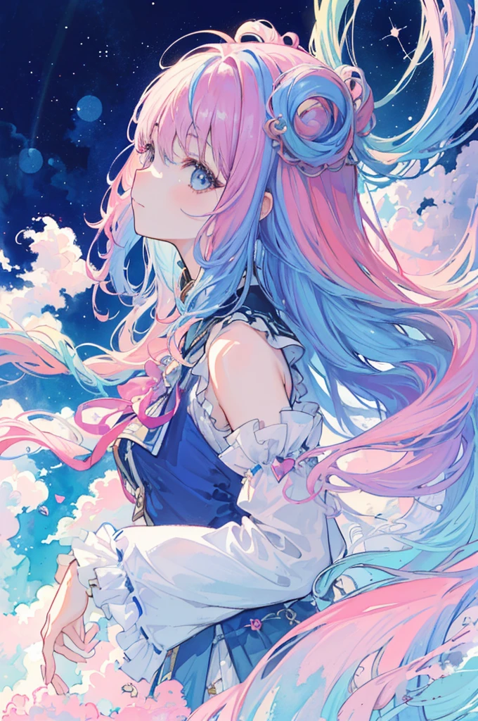 (masterpiece, Highest quality, Highest quality,watercolor (Moderate),Official Art, beautifully、aesthetic:1.2),(One girl:1.3), (Fractal Art:1.3),Upper Body, From the side, View your viewers,pattern,(Rainbow Hair,colorful hair,Half Blue、Half pink hair:1.2),water,liquid, cloud,colorful, Starry sky,performer,