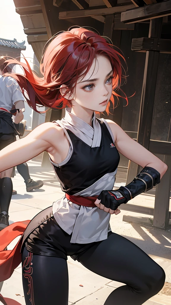 {{masterpiece}}, {{{best quality}}},{{ultra-detailed}}, {{illustration}},{{tall stature}},{{adult women}},,Small breasts,Slender,{{fighting stance}},((Leggings with integrated shorts)),((Black leggings)) Female karate　Red hair short cut　Sleeveless uniform　Martial Arts Belt　,Chinese style,Cowboy Shot, black fingerless gloves,Street Fight,Slums during the day,1 female,alone, Elbow guard 