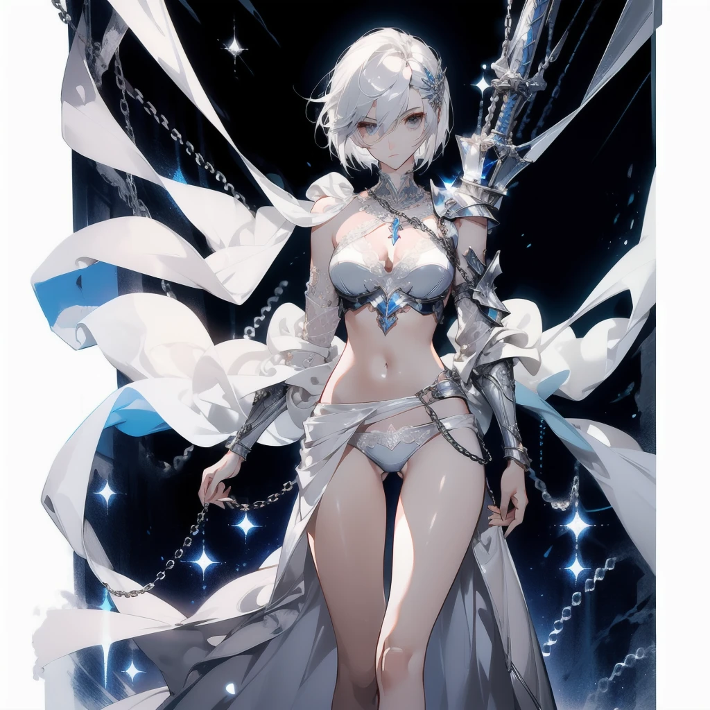 ((masterpiece, best quality)), Delicate face，knight，Long Sword，Standing picture，whole body，Perfect body proportions，Long legs，Handsome short hair，Beautiful silver eyes，Fantasy style，White background，Extremely beautiful，transparent，Pure white armor，Sexy bikini，chain，Tattoo，Lace，exposed