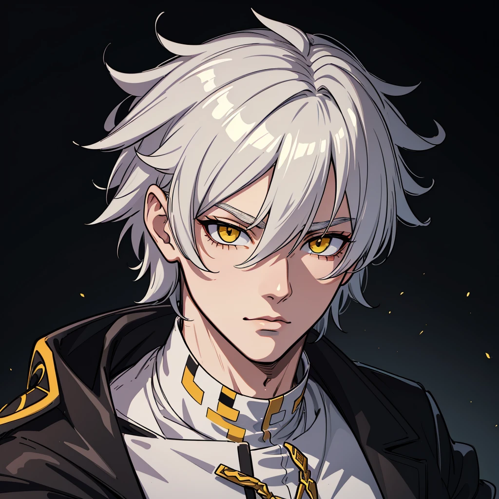 (high-quality, breathtaking),(expressive eyes, perfect face) Symmetrical Eyes, portrait, 1guy, 30 years old, white hair color, yellow highlights, bright yellow eyes, black and white clothes, Neopolitan RWBY