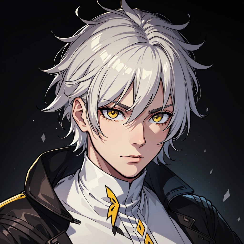 (high-quality, breathtaking),(expressive eyes, perfect face) Symmetrical Eyes, portrait, 1guy, 30 years old, white hair color, yellow highlights, bright yellow eyes, black and white clothes, Neopolitan RWBY
