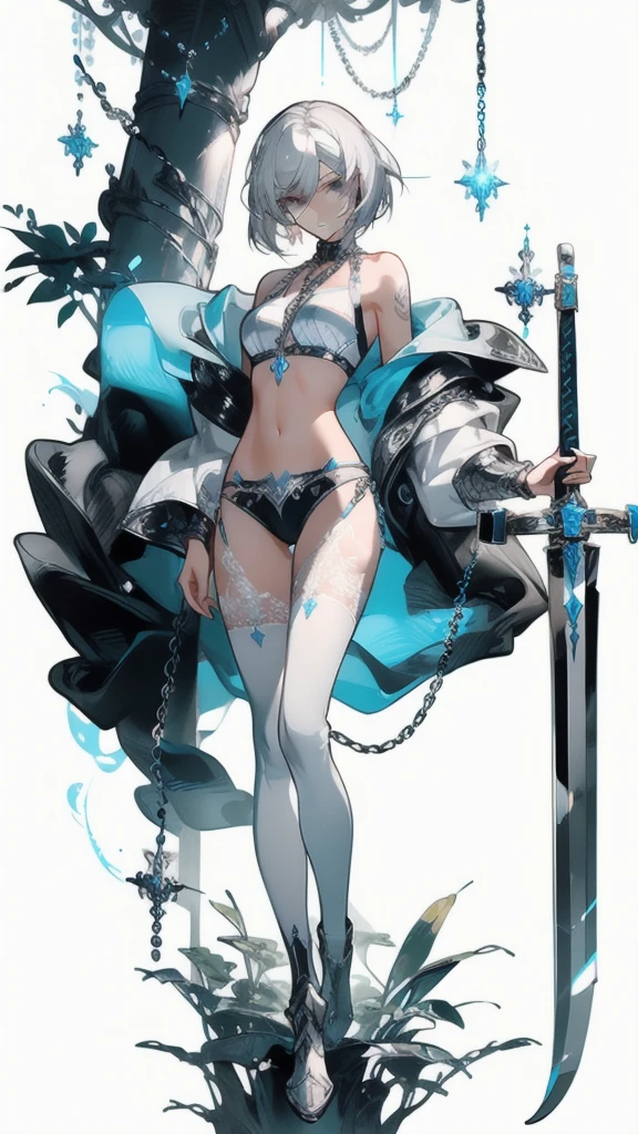 ((masterpiece, best quality)), Delicate face,knight,Long Sword,Standing picture,whole body,Perfect body proportions,Long legs,Handsome short hair,Beautiful silver eyes,Fantasy style,White background,Extremely beautiful,transparent,Pure white armor,Sexy bikini,chain,Tattoo,Lace,exposed