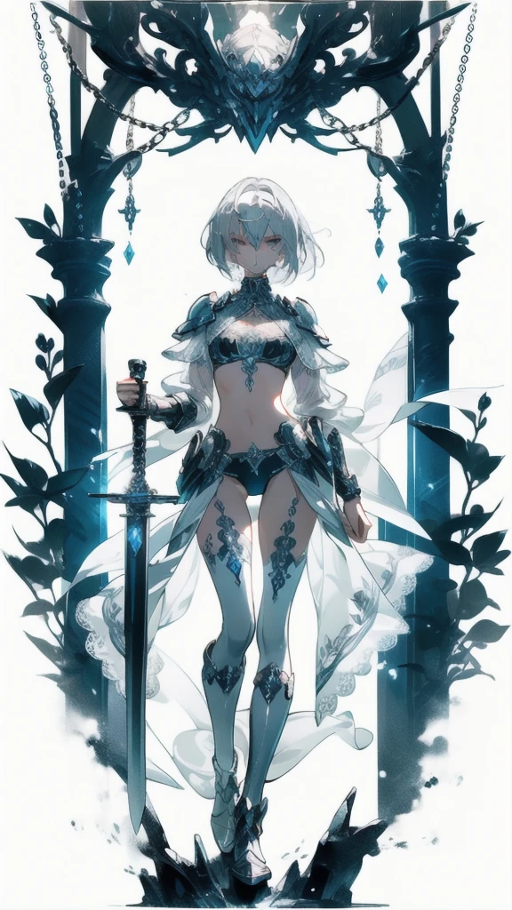 ((masterpiece, best quality)), Delicate face,knight,Long Sword,Standing picture,whole body,Perfect body proportions,Long legs,Handsome short hair,Beautiful silver eyes,Fantasy style,White background,Extremely beautiful,transparent,Pure white armor,Sexy bikini,chain,Tattoo,Lace,exposed